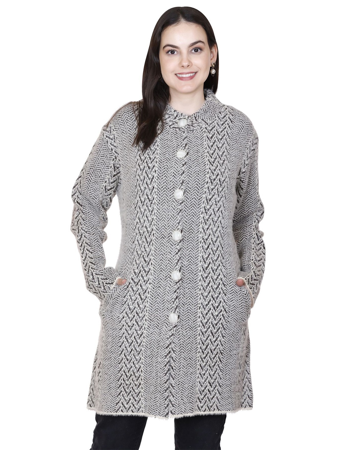 

SOSHAGUN OSWAL Women Printed Woollen Cardigan Sweaters, Grey