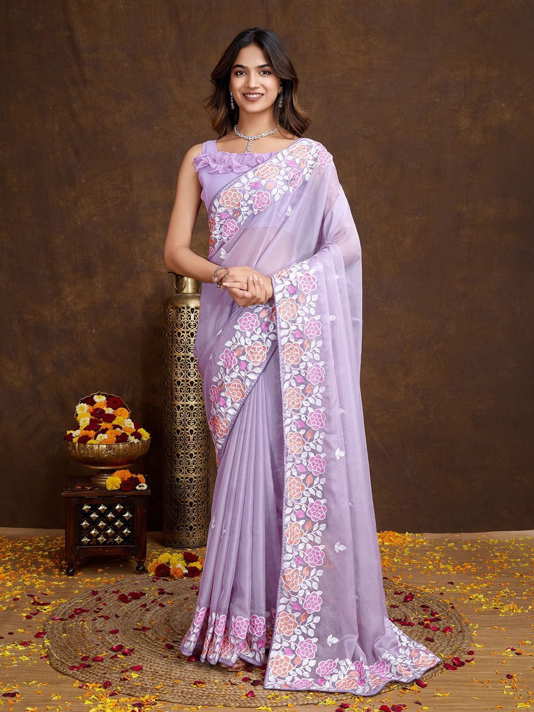 

VenderVilla Floral Embroidered Organza Designer Saree, Purple