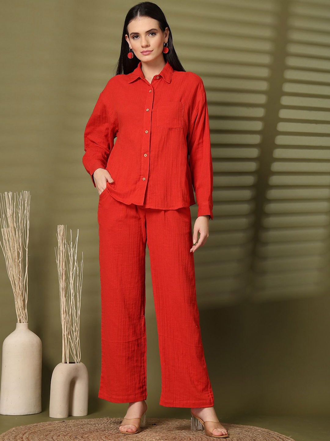 

plusS Long Sleeves Pure Cotton Shirt With Trouser, Red