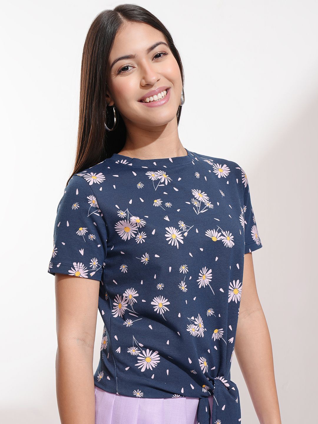 

Tokyo Talkies Floral Printed Front Tie Up Cotton Top, Navy blue