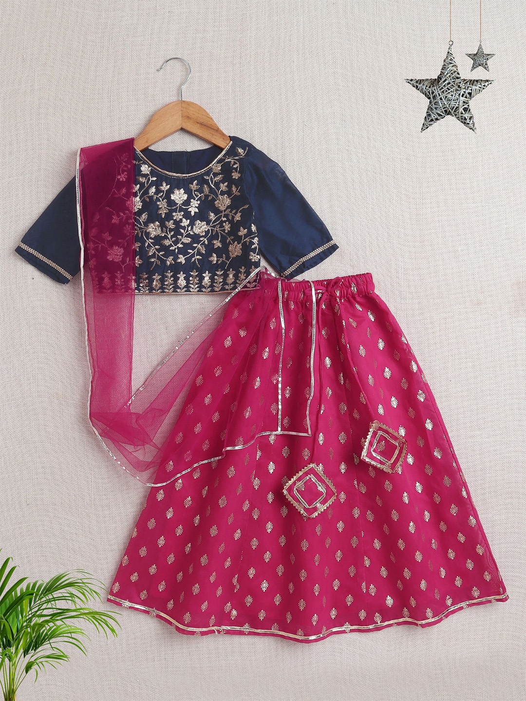 

The Magic Wand Girls Floral Embroidered Zari Ready to Wear Lehenga & Blouse With Dupatta, Blue