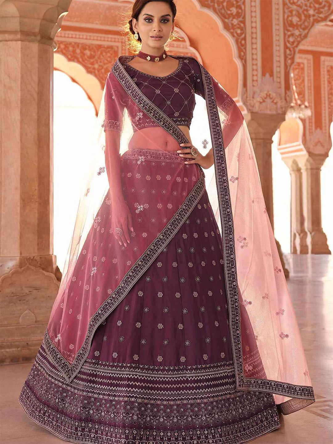

ODETTE Embroidered Semi-Stitched Lehenga & Blouse With Dupatta, Purple