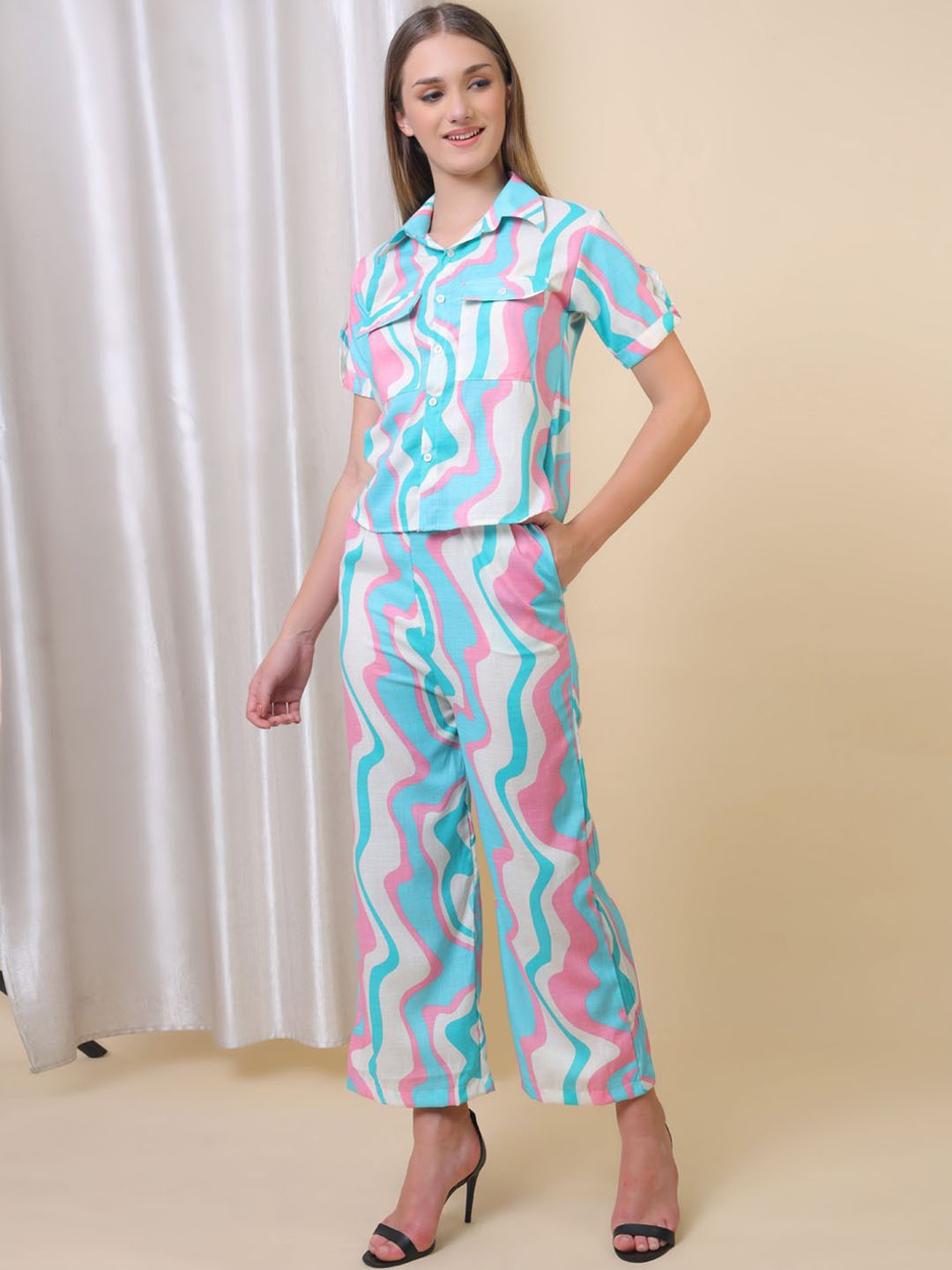 

Softwrap Women Printed Short Sleeve Shirt With Trouser Co-Ords, Blue