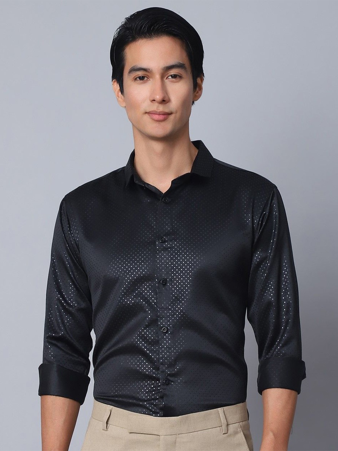 

Majestic Man Men Modern Spread Collar Solid Slim Fit Semiformal Shirt, Black