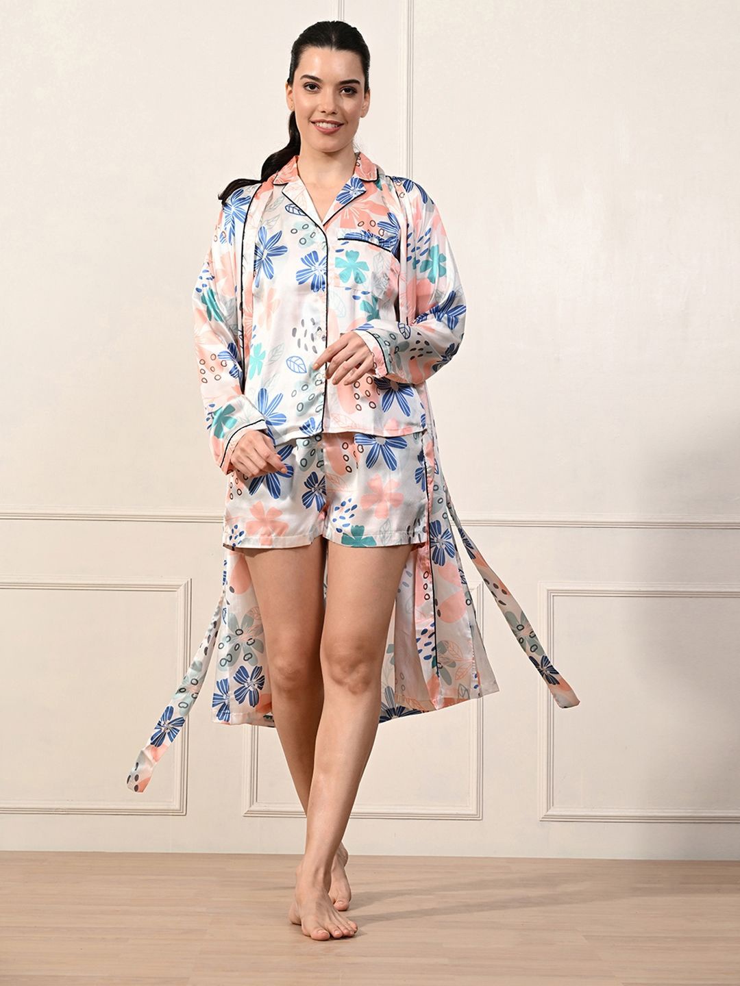 

PRETTY LOVING THING Women Printed Night suits With Robe, White