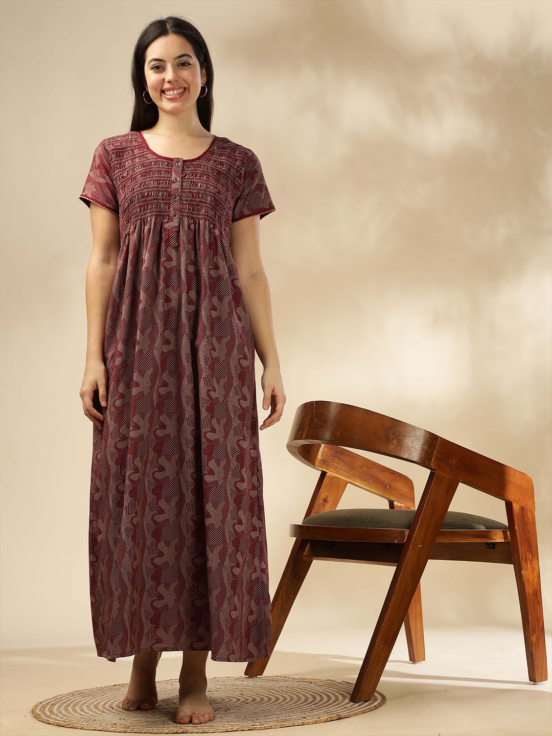

9shines Label Ethnic Motifs Printed Maxi Nightdress, Maroon