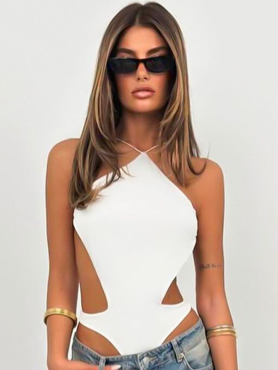 

LULU & SKY Halter Neckline Bodysuit, White