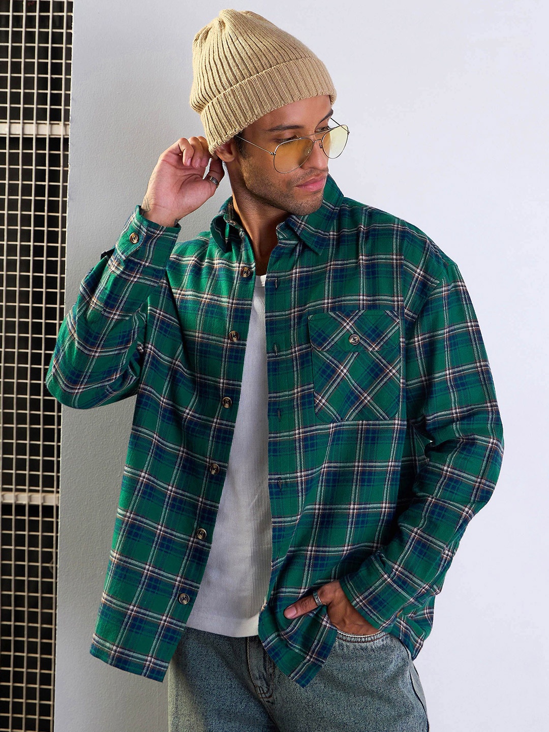 

Mascln Sassafras Men Spread Collar Checked Cotton Oversized Casual Shacket, Green