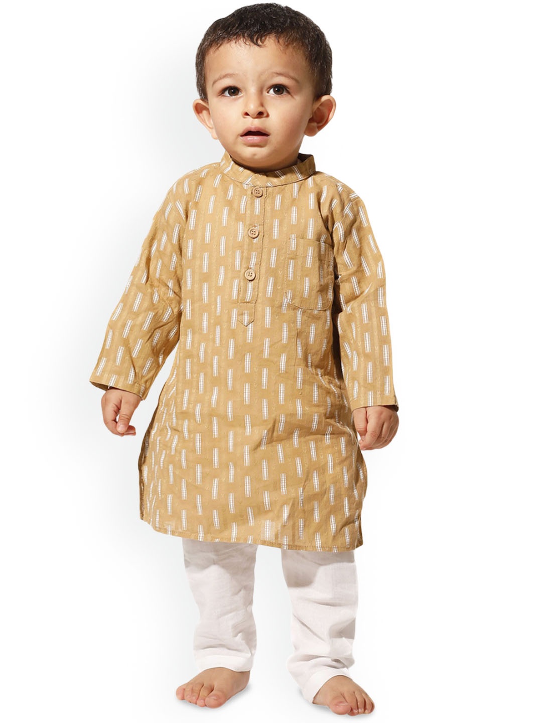 

TJORI Boys Woven Design Mandarin Collar Pure Cotton Straight Kurta With Pyjamas, Yellow