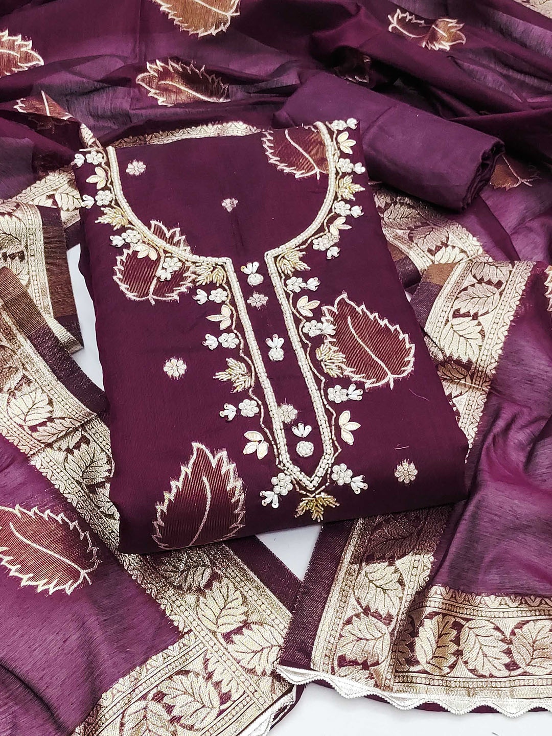 

KALINI Floral Embellished Beads and Stones Unstitched Dress Material, Purple