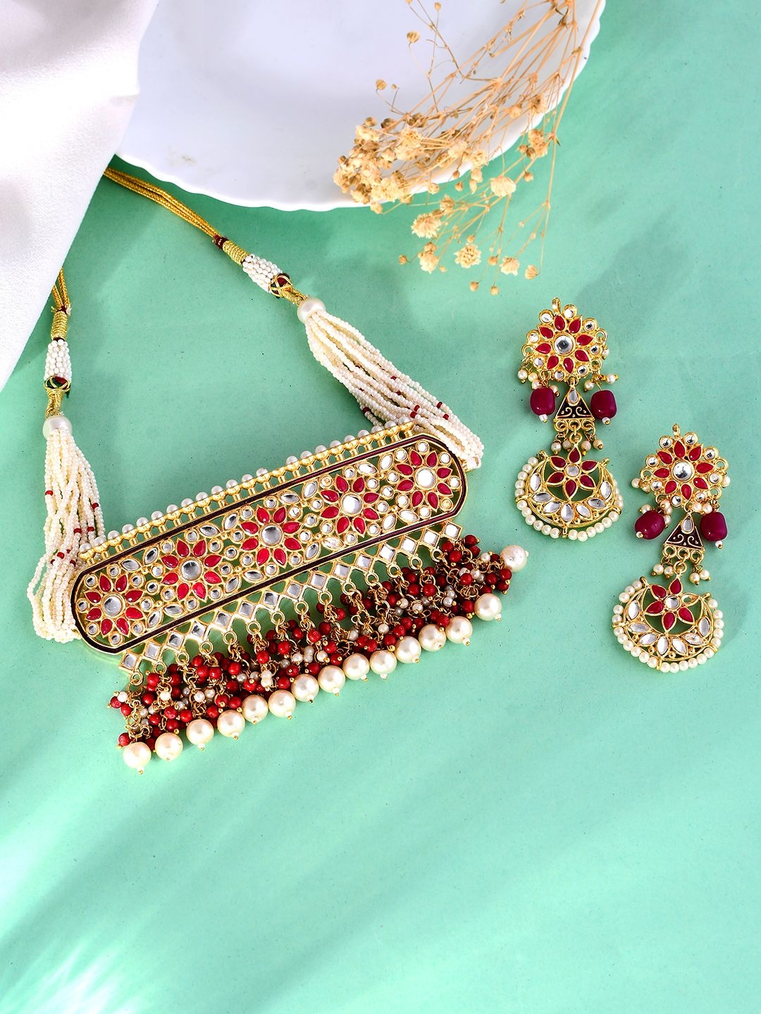 

Silvermerc Designs Gold-Plated Kundan-Studded Tussi Rajasthani Jewellery Set