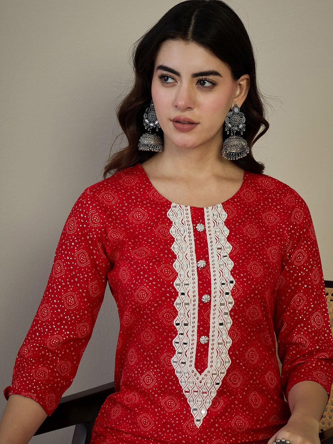 

Anouk Geometric Yoke Design Regular Straight Kurta, Red
