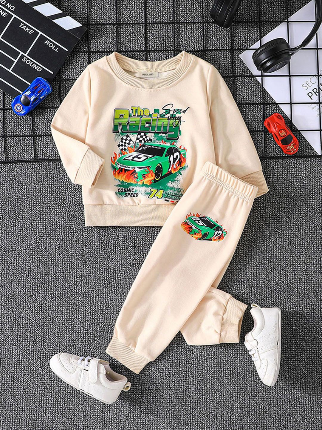 

INCLUD Boys Graphic Printed Sweatshirt With Trousers, Beige