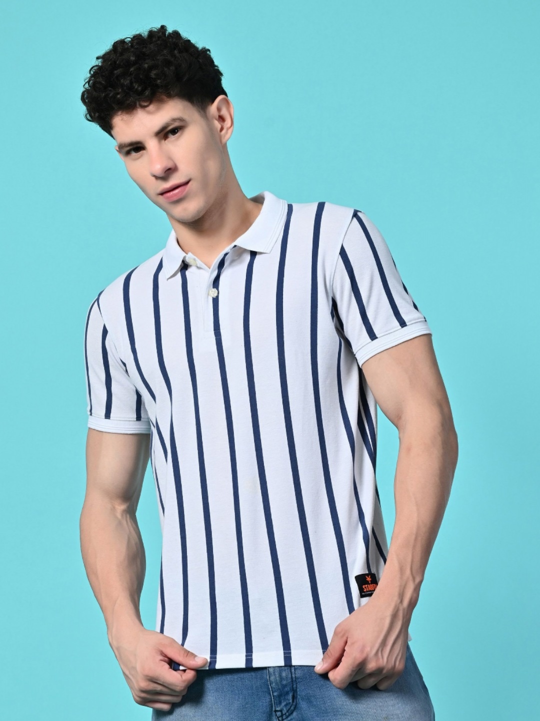 

STARFOX Men Striped Polo Collar Cotton Slim Fit T-shirt, White