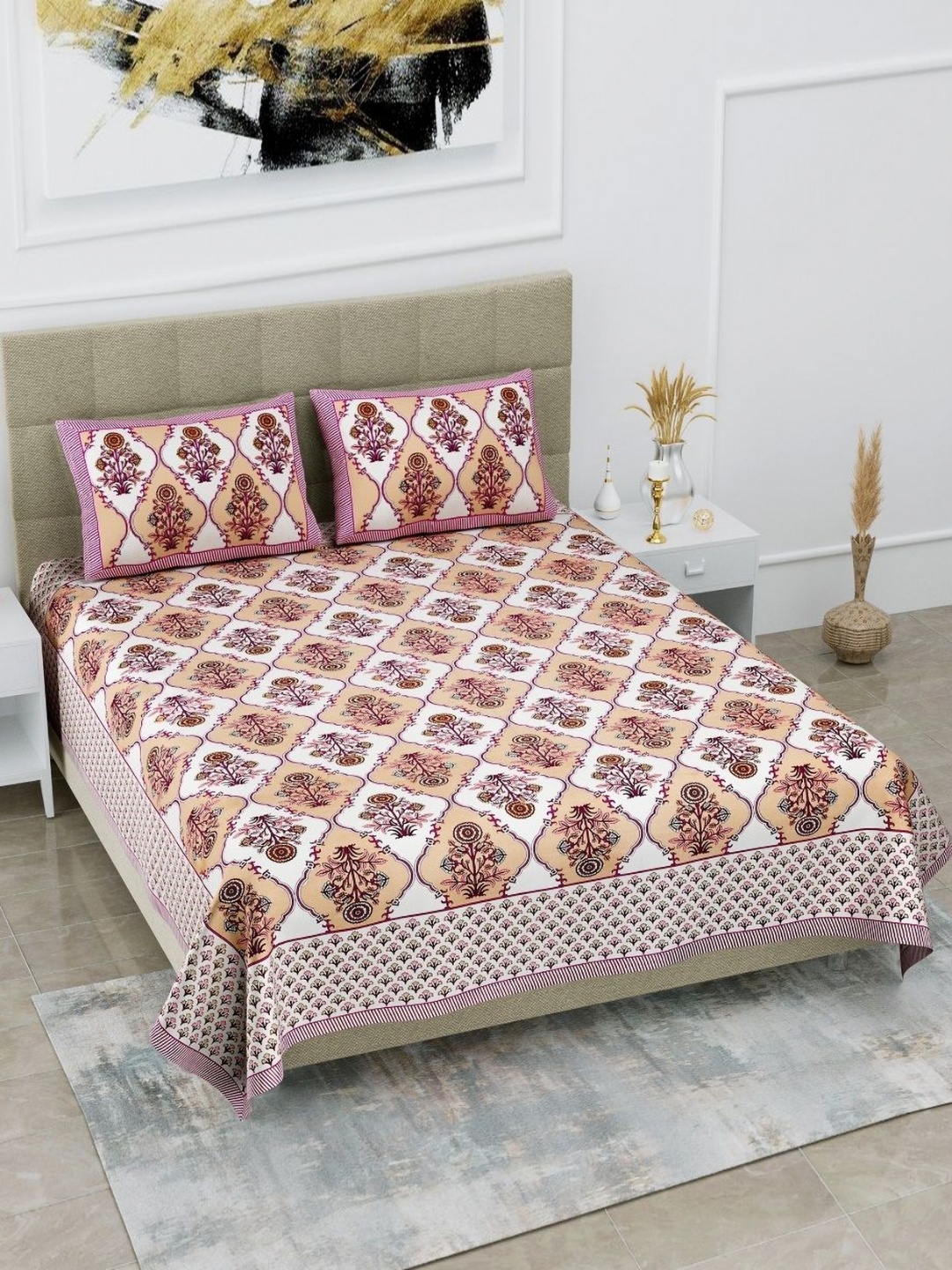 

HOMELINE Pink & White Ethnic Motifs Pure Cotton 180 TC King Bedsheet Set 2.54 x 2.74Mts