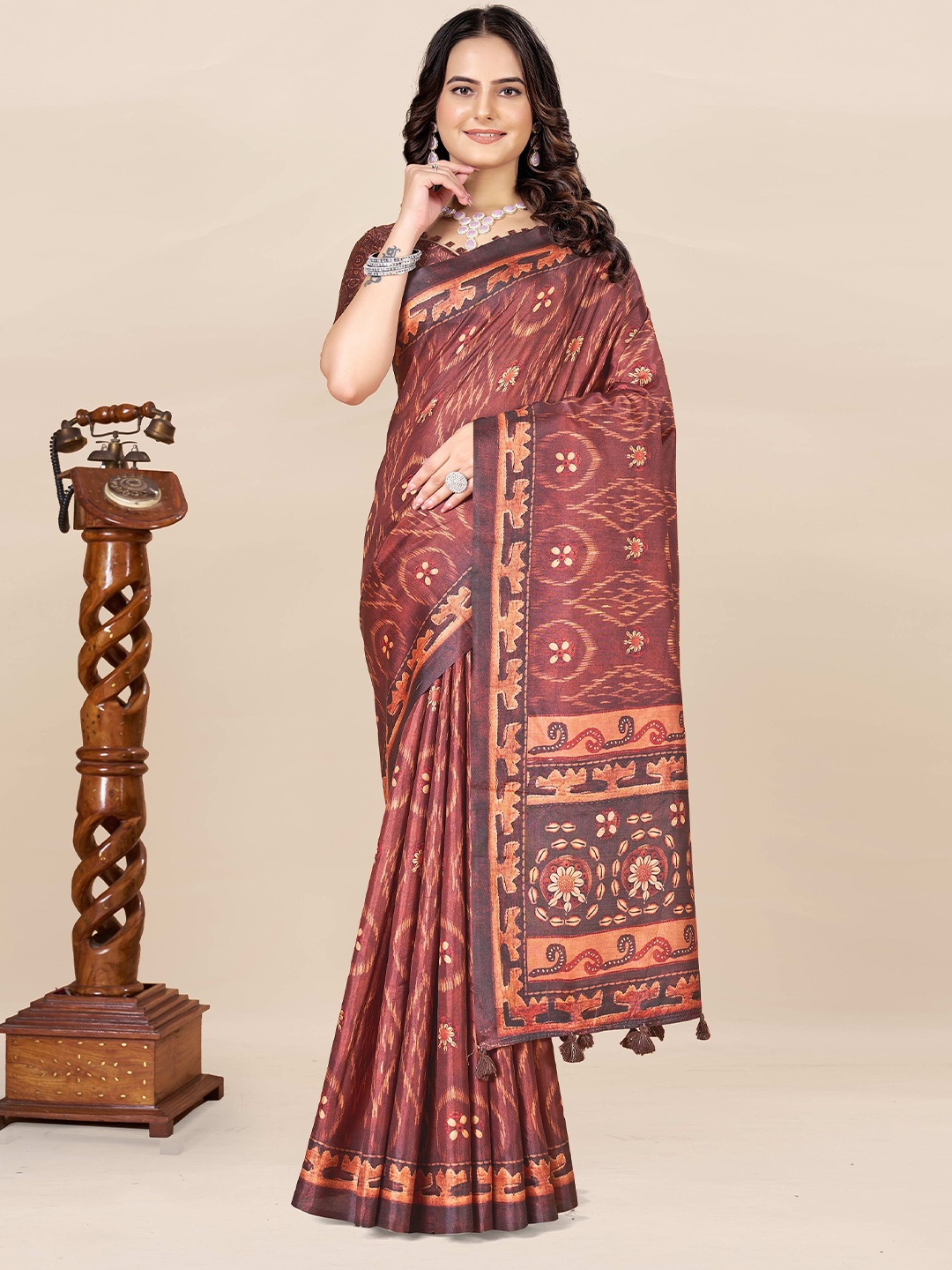 

ETHNIC TODAY Ethnic Motifs Ikat Saree, Brown