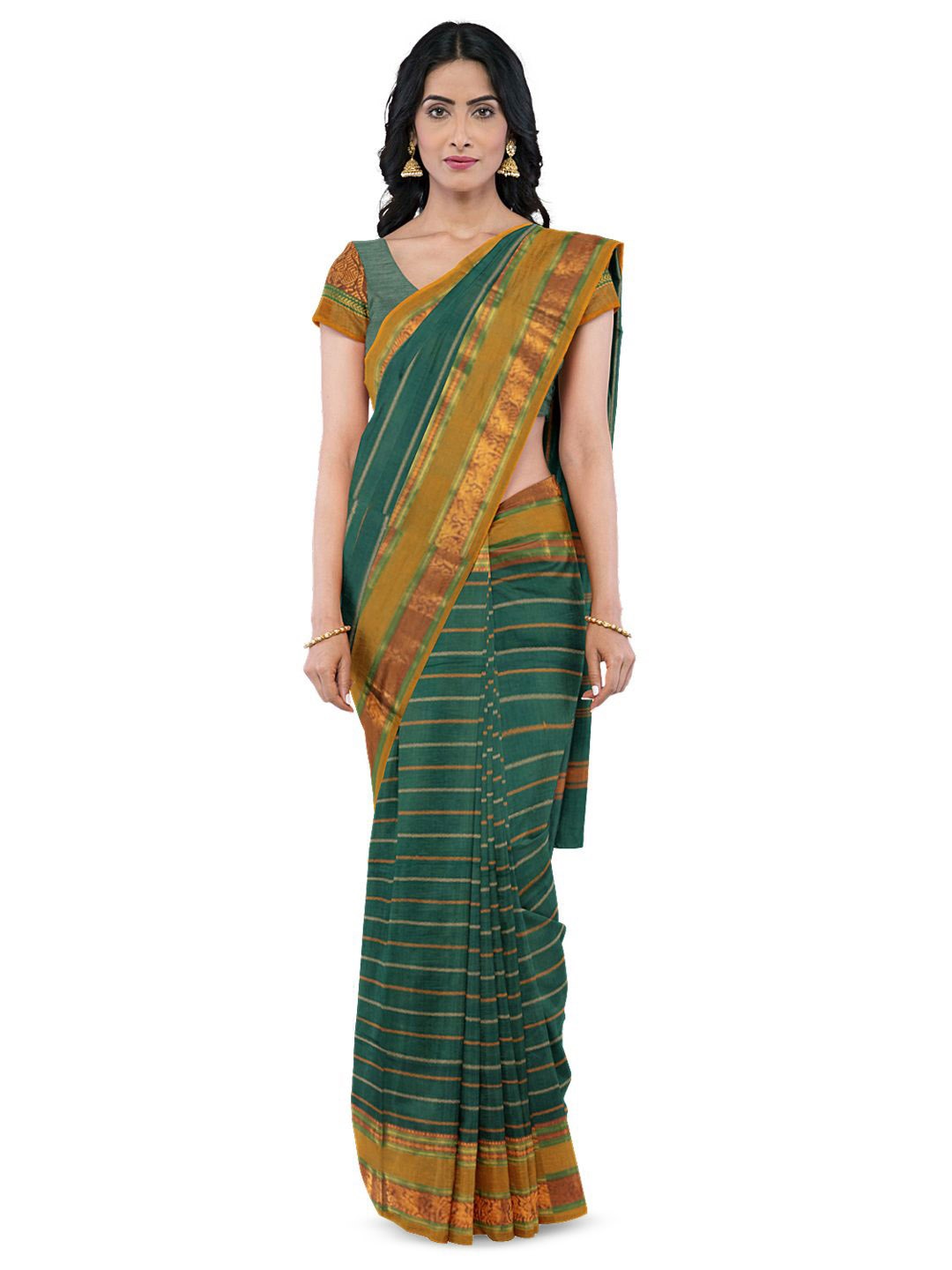 

Avishya Striped Zari Pure Cotton Kanjeevaram Saree, Green