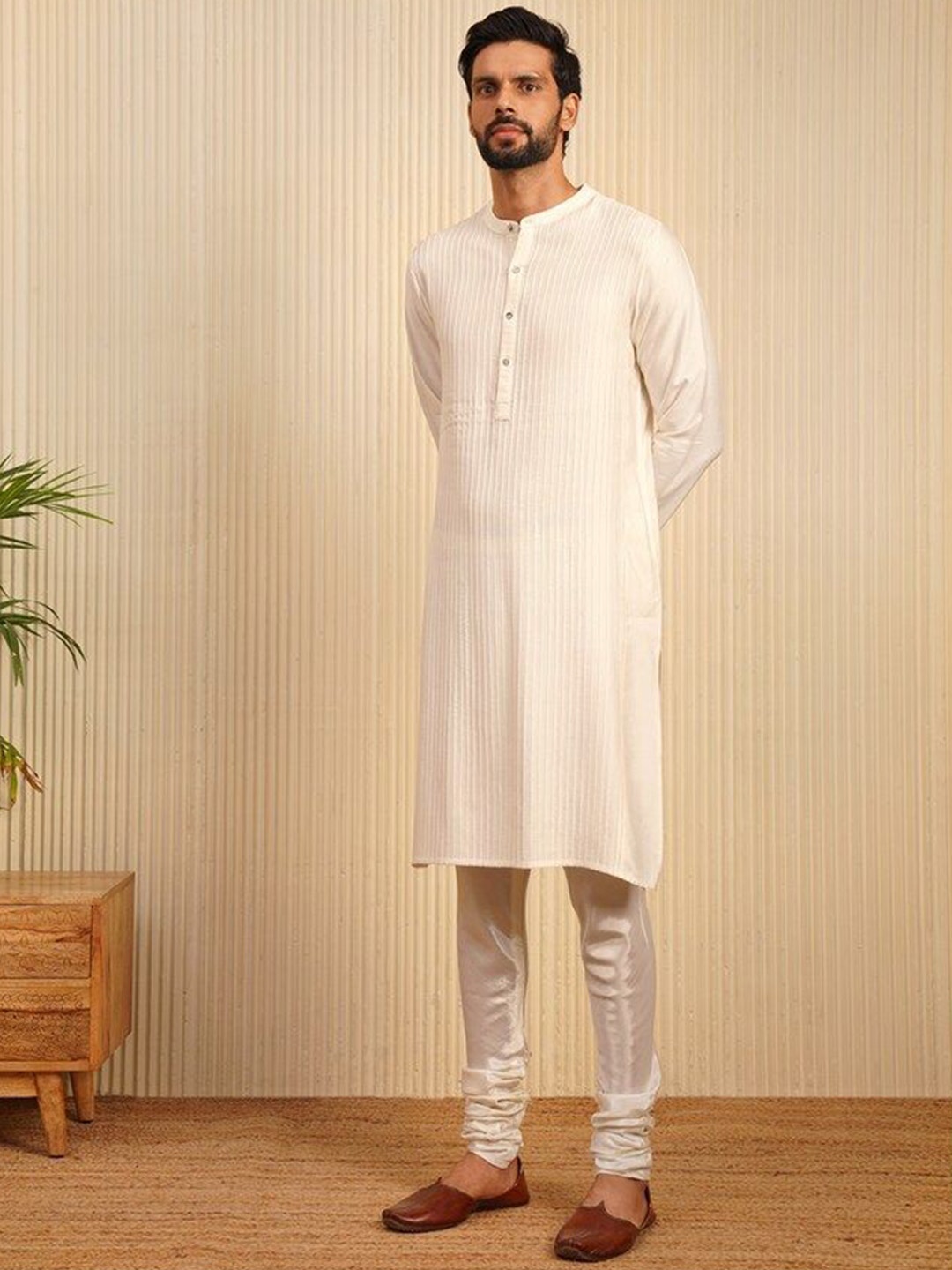 

JAYPORE Striped Thread Work Mandarin Collar Cotton Straight Kurta, Off white