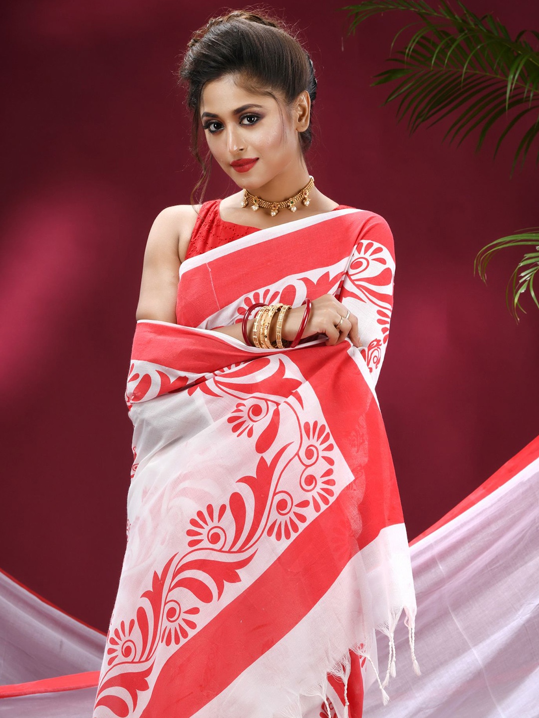 

TANTLOOM Ethnic Motifs Pure Cotton Saree, White