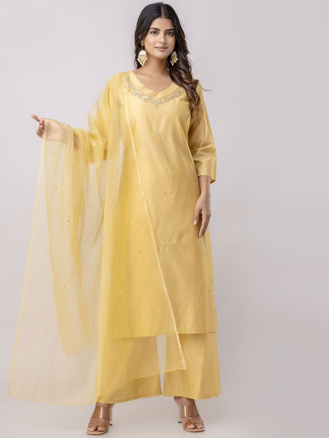 

KALINI Floral Embroidered V-Neck Pure Silk Straight Kurta With Trousers & Dupatta, Yellow