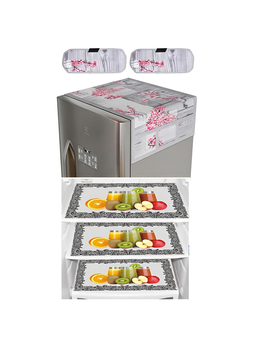 

LooMantha Grey & Pink 6 Pieces Printed Refrigerator Top With Handle Covers & Fridge Mats