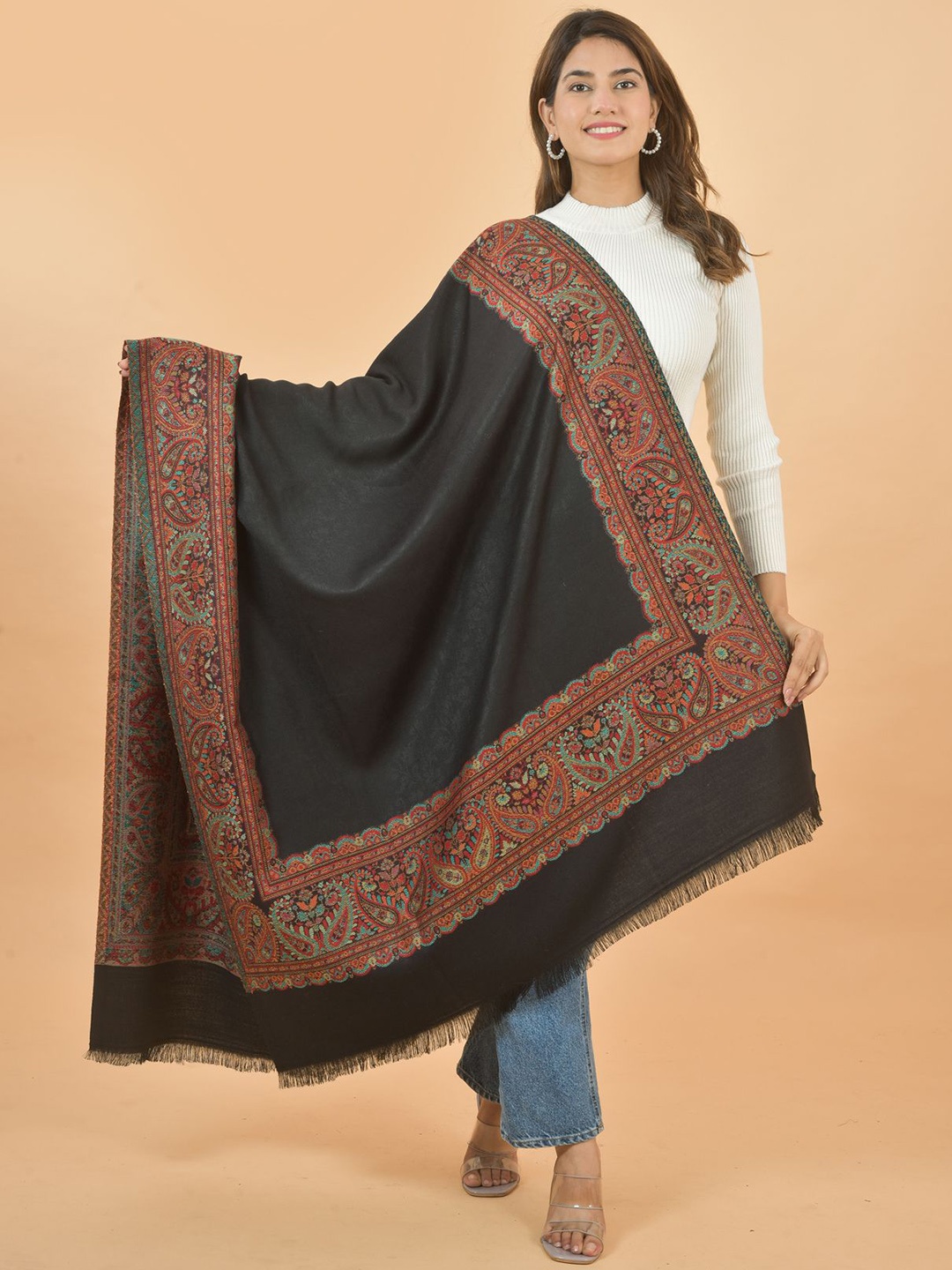 

BAISA Paisley Woven Design Pashmina Shawl, Black