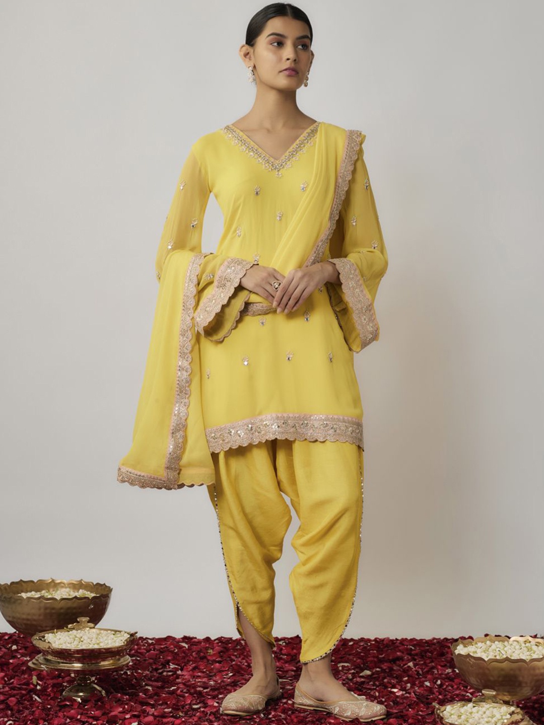 

Renee Label Floral Embroidered Mirror Work Straight Kurti with Dhoti Pants & With Dupatta, Yellow