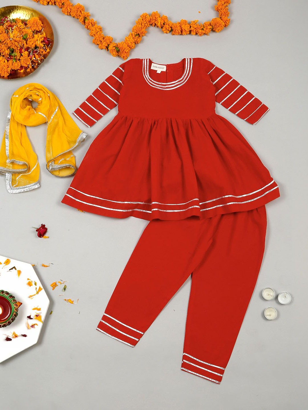 

LITTLE GINNIE Girls Gotta Patti Anarkali Kurti With Trousers & Dupatta, Red