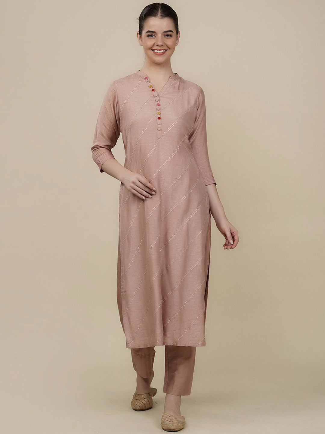 

House Of Dharaa Striped Mandarin Collar Sequinned Pure Silk Kurta with Trousers & Dupatta, Peach