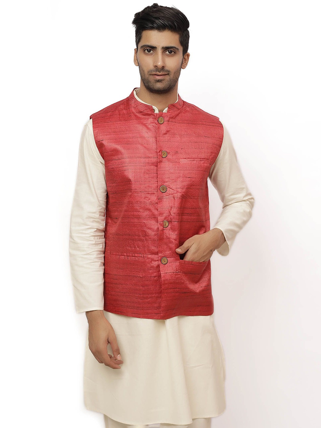 

TJORI Men Solid Corduroy Nehru Jackets, Red