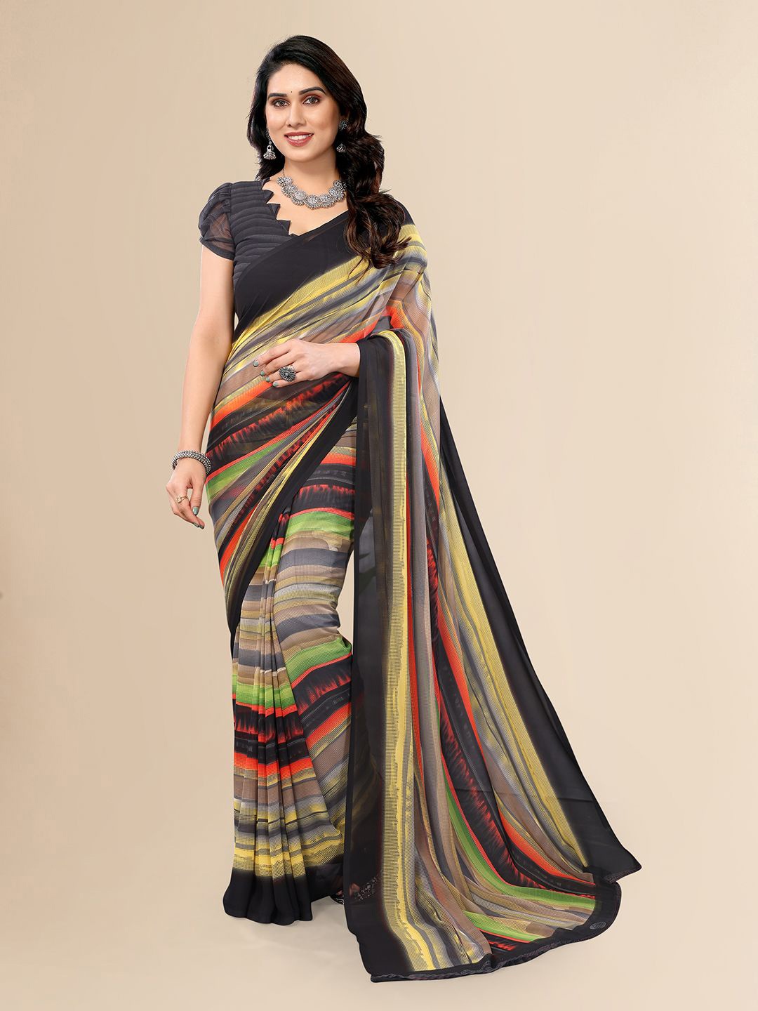 

ANAND SAREES Striped Saree With Unstitched Blouse Piece, Black