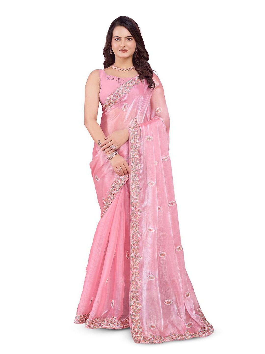 

VenderVilla Floral Embroidered Saree, Pink