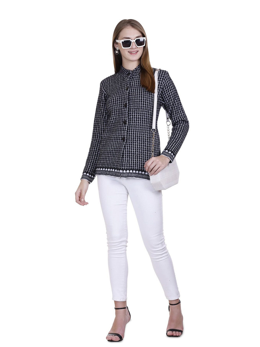 

SOSHAGUN OSWAL Women Self Design Checked Woollen Cardigan, Black