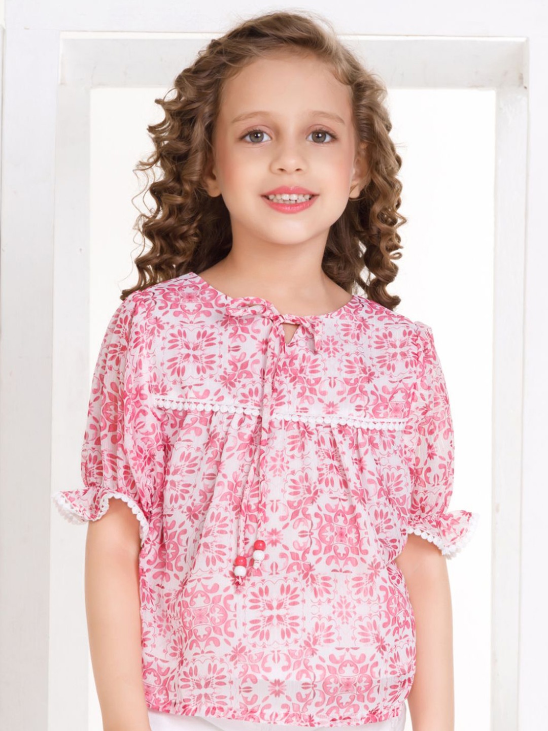 

Peppermint Girls Floral Printed Tie-Up Neck Top, Pink