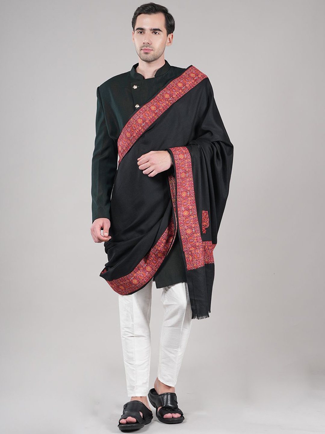 

MUFFLY Floral Embroidered Thread Work Medium Pashmina Pure Wool Shawl, Black