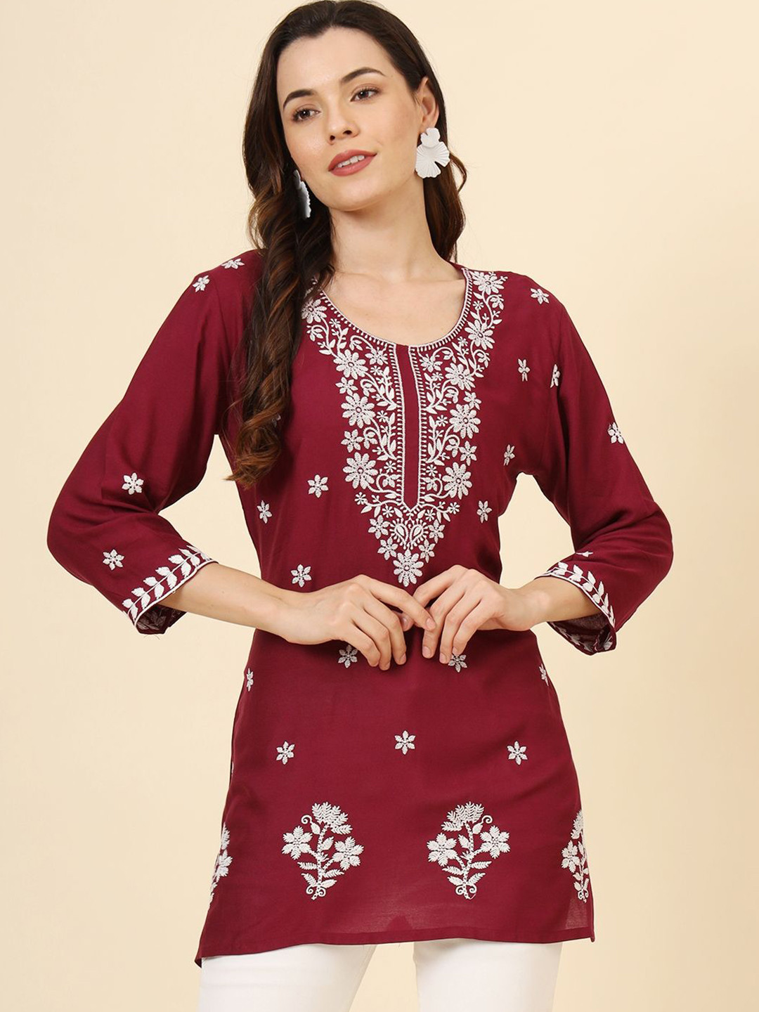 

HERE&NOW Embroidered Thread Work Thread Work Kurti, Maroon
