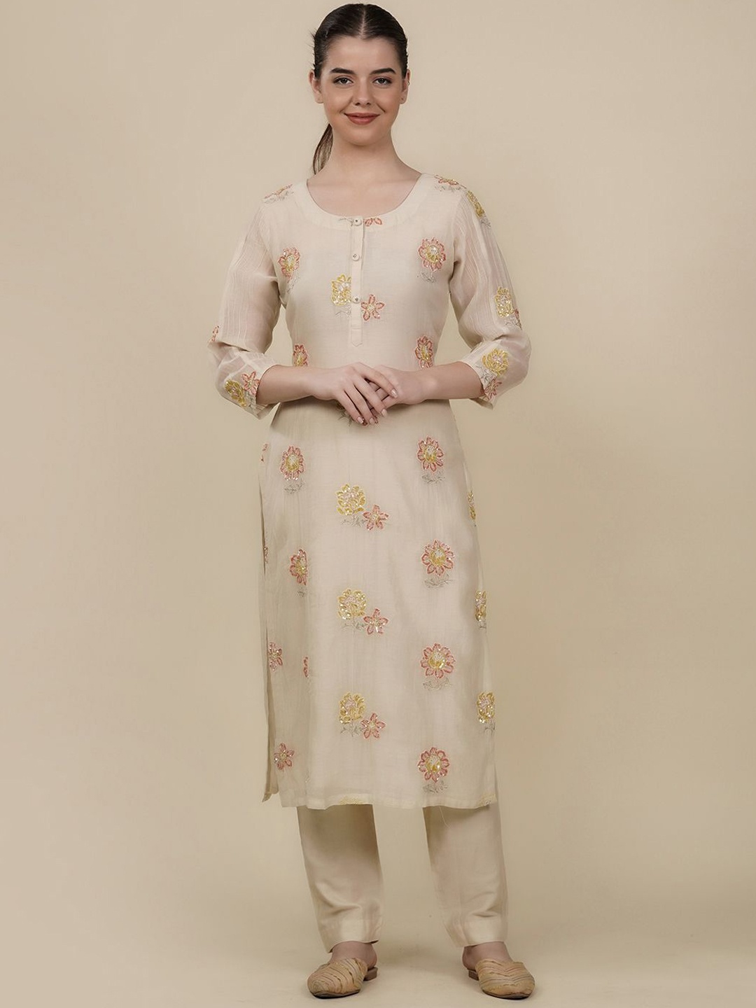 

House Of Dharaa Floral Embroidered Straight Kurta with Trousers & With Dupatta, Cream