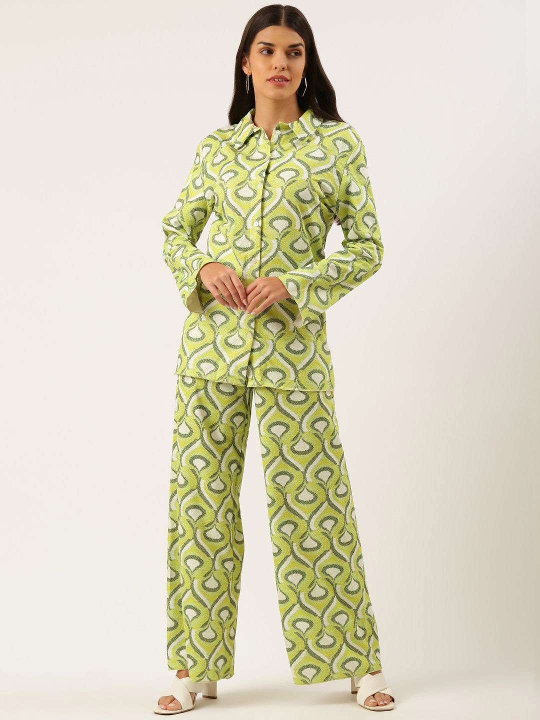 

SHECZZAR Printed Shirt & Trousers Co-Ords Set, Green