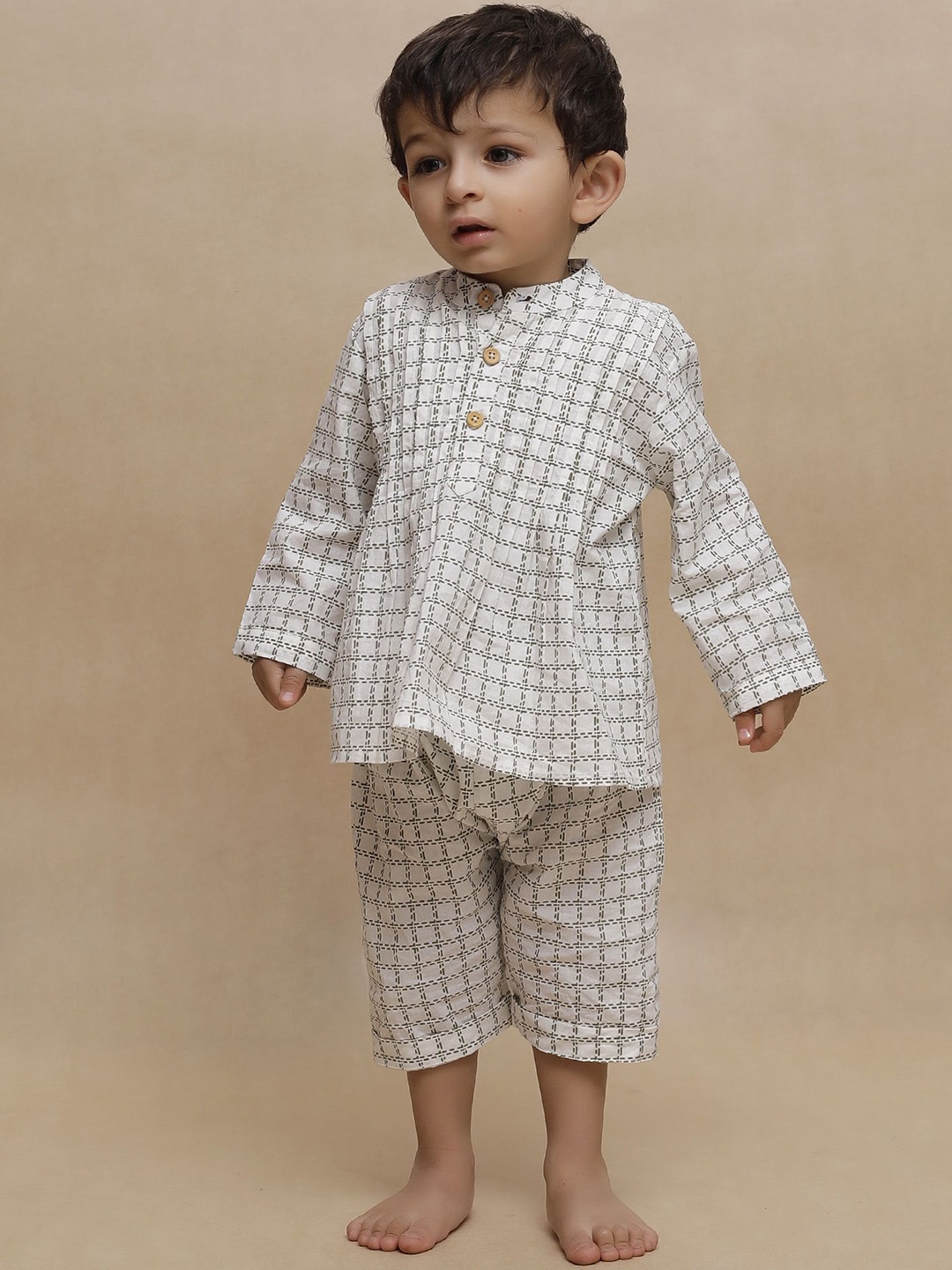 

TJORI Boys Checked Pure Cotton Kurta with Trousers, Off white