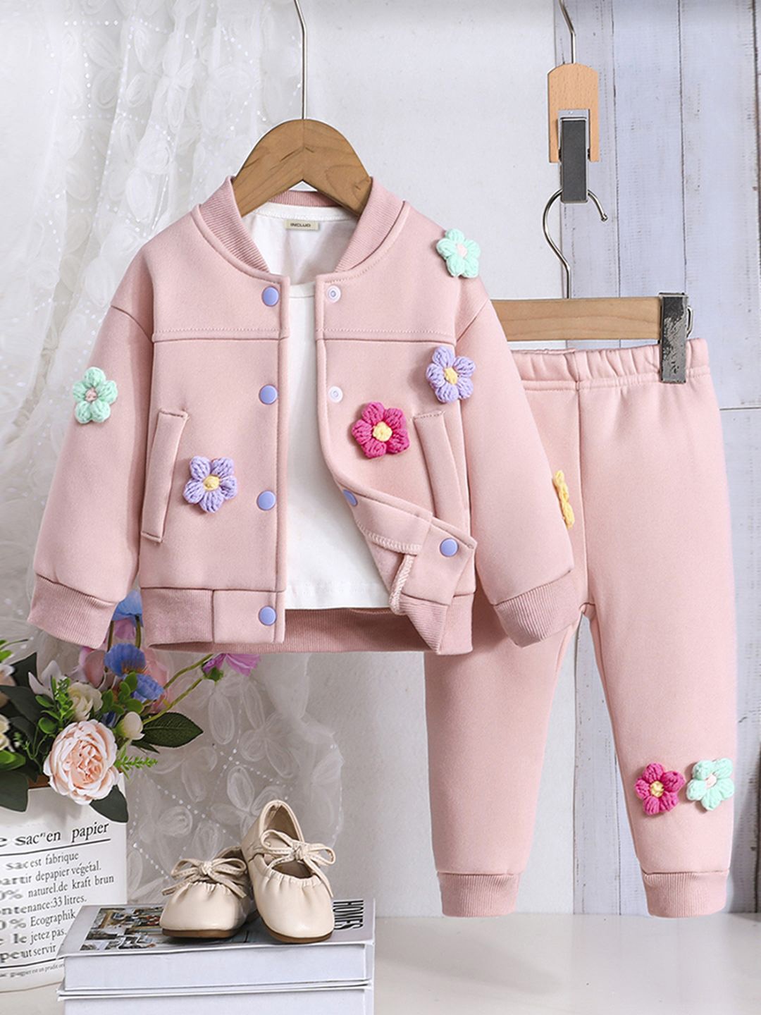 

INCLUD Girls Floral Embroidered Jacket with Sweatpant, Pink