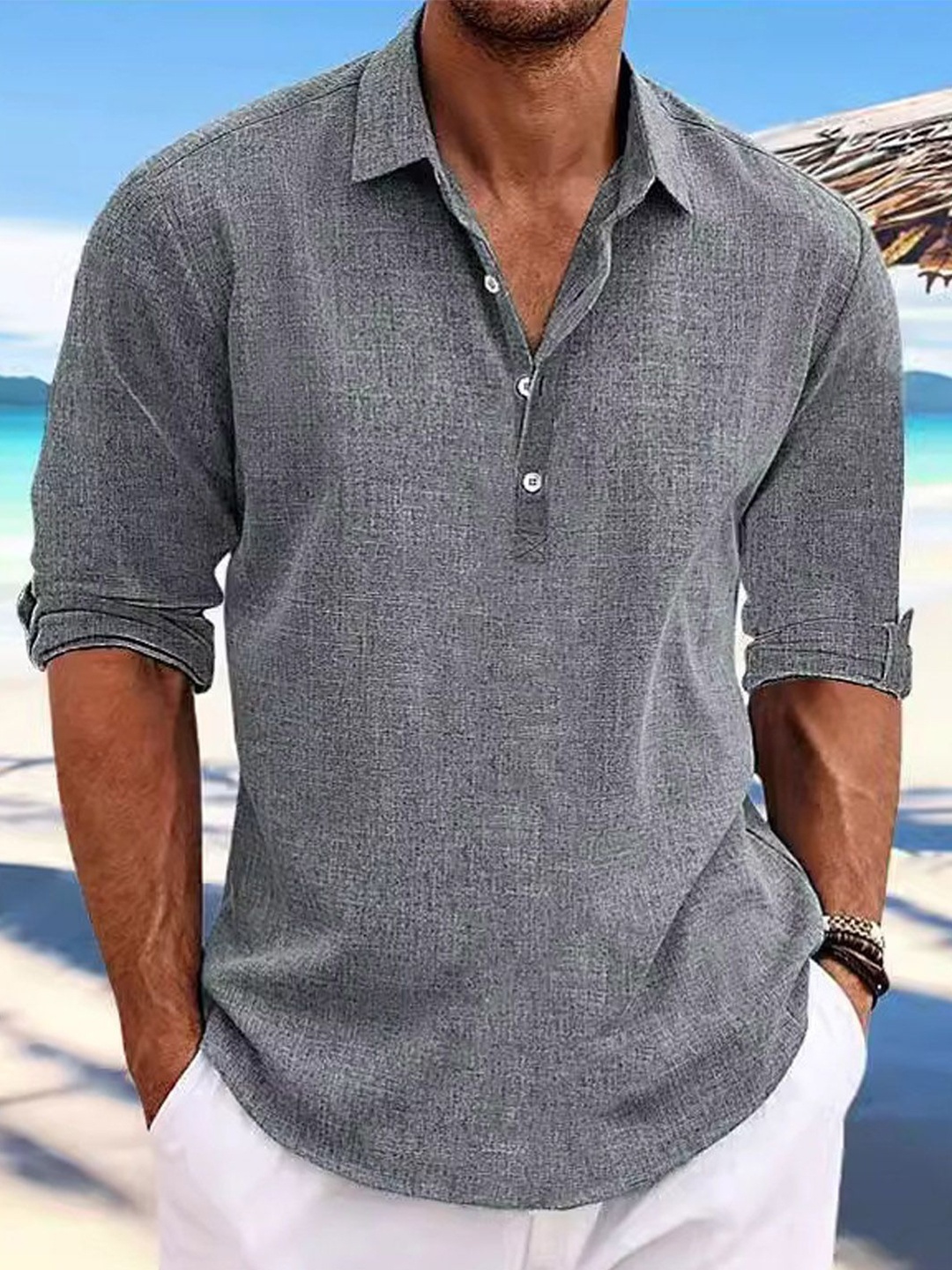 

StyleCast Men Spread Collar Solid Cotton Casual Shirt, Grey