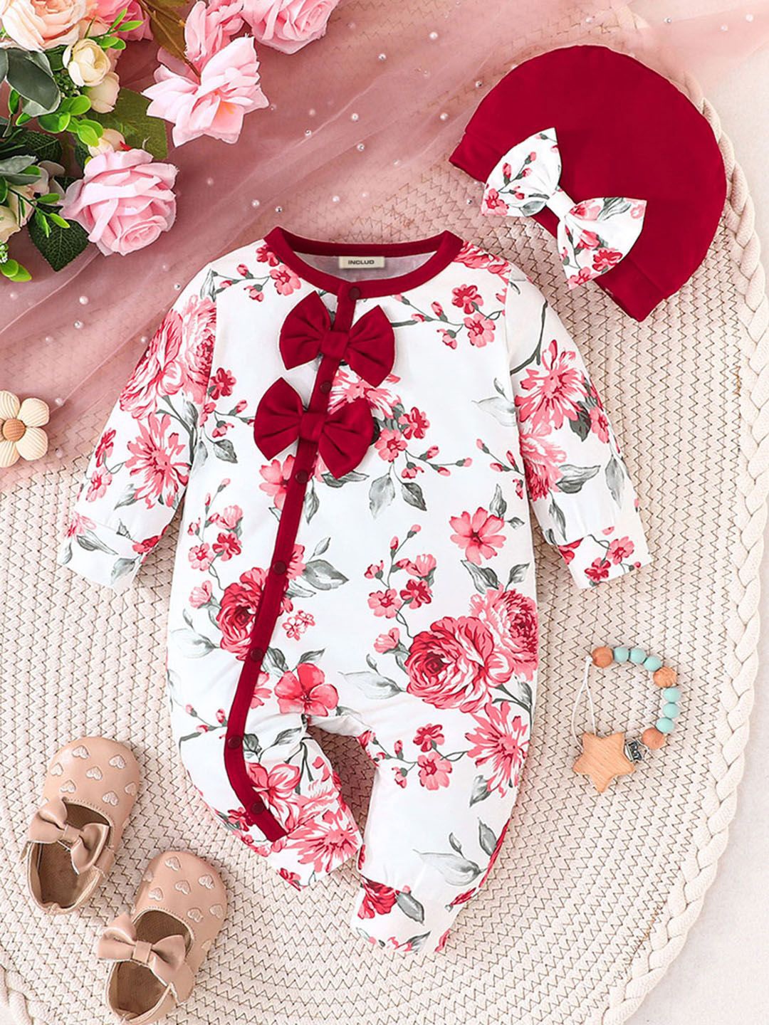 

INCLUD Infants Girls Floral Printed Organic Cotton Romper, Red