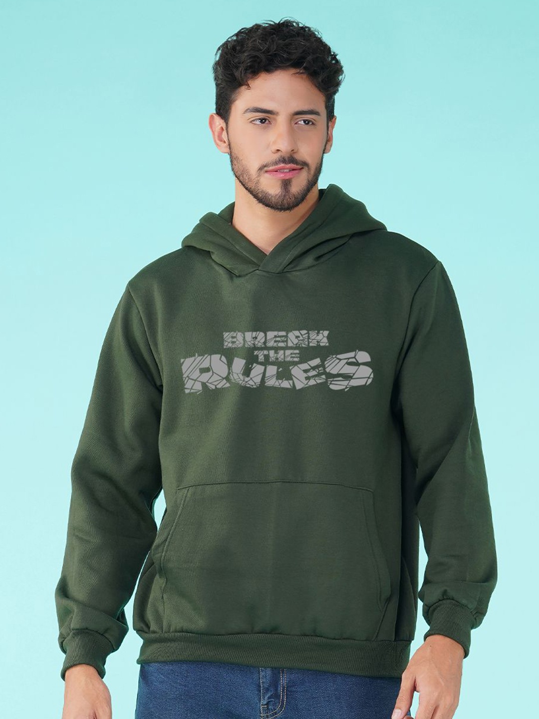 

NUSYL Men Typography Printed Hooded Sweatshirt, Green