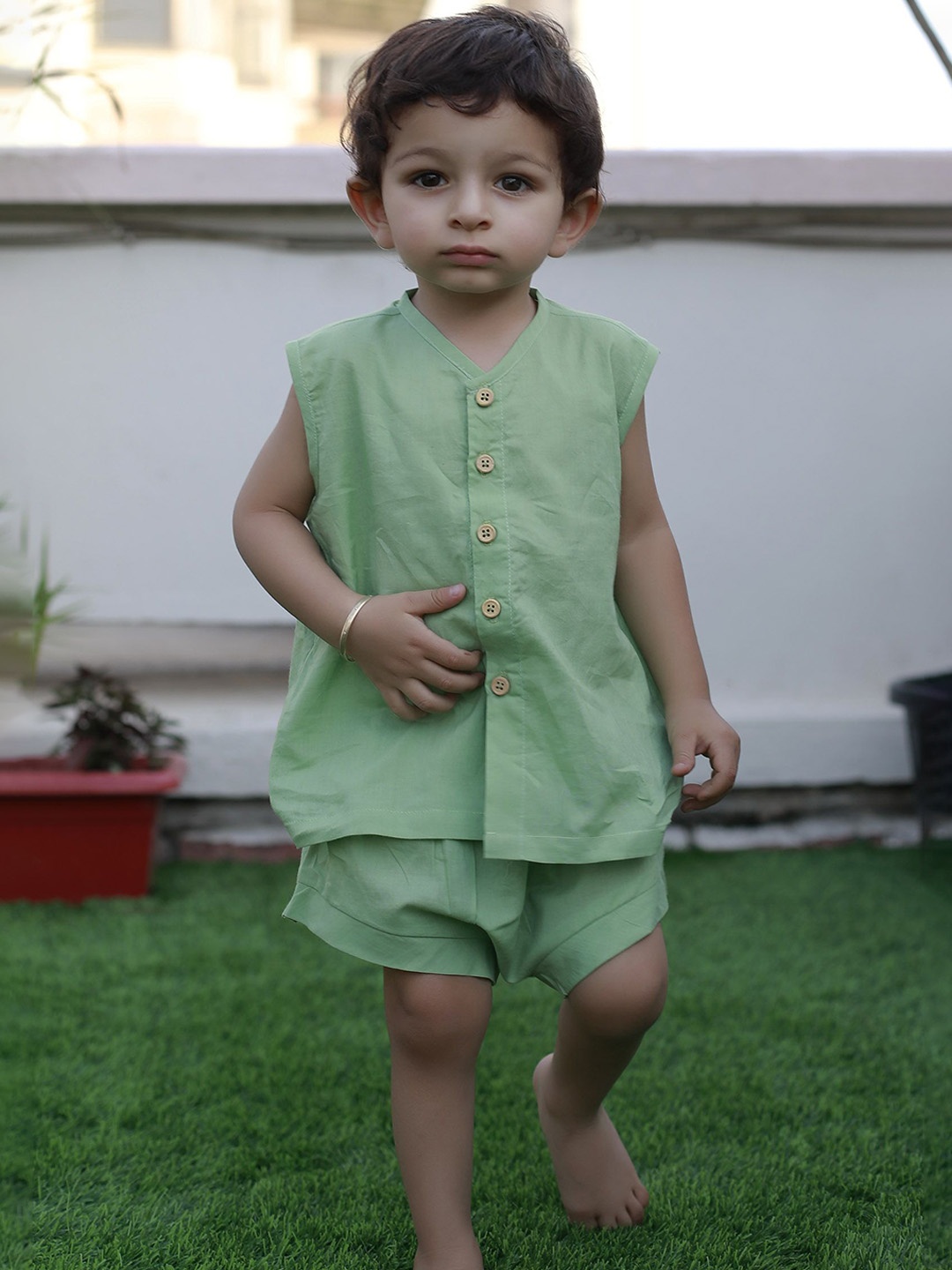 

TJORI Boys V Neck Pure Cotton Shirt with Shorts, Green