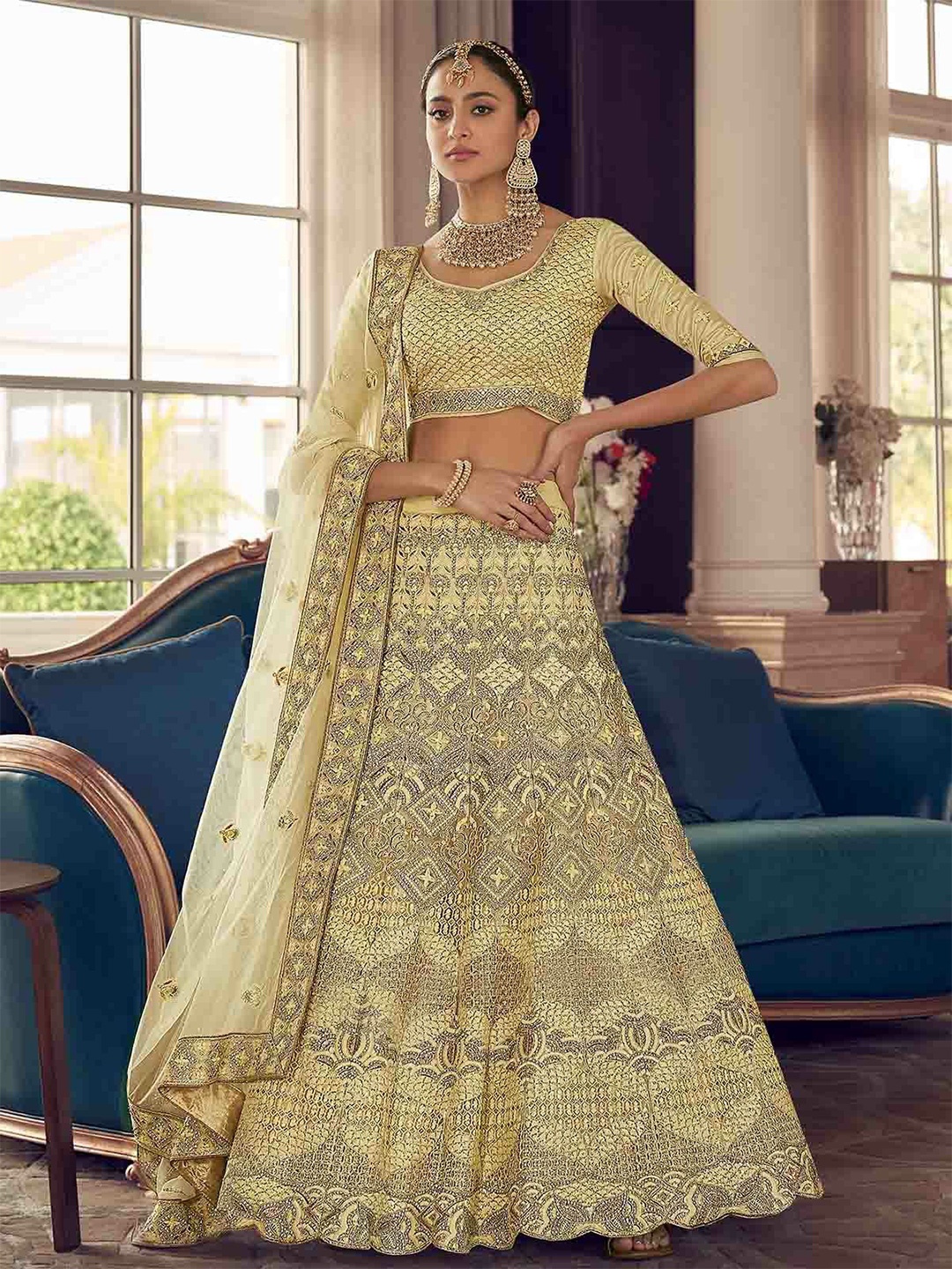 

ODETTE Embroidered Semi-Stitched Lehenga & Blouse With Dupatta, Yellow