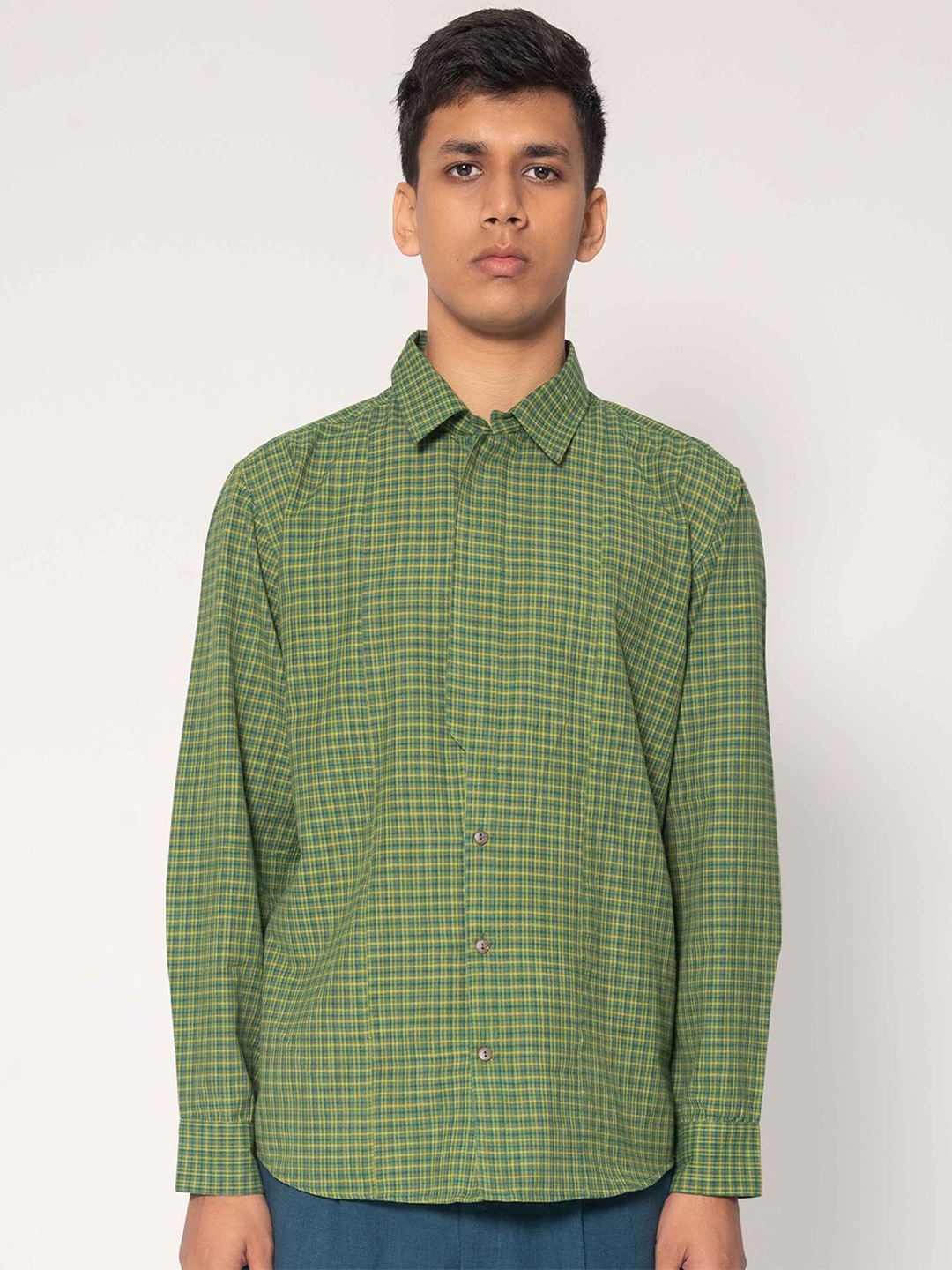 

AMBI Men Standard Cutaway Collar Grid Tattersall Checked Cotton Casual Shirt, Green