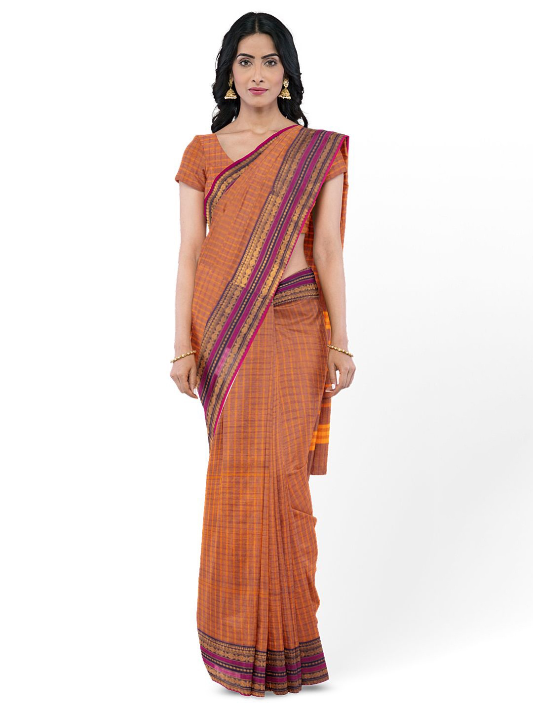 

Avishya Checked Woven Design Zari Pure Cotton Kanjeevaram Saree, Peach