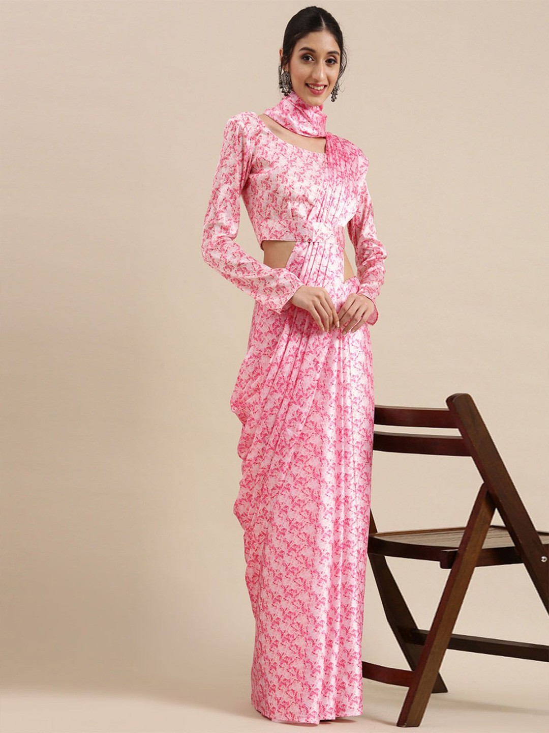 

ODETTE Floral Printed Satin Saree with Blouse Piece, Pink
