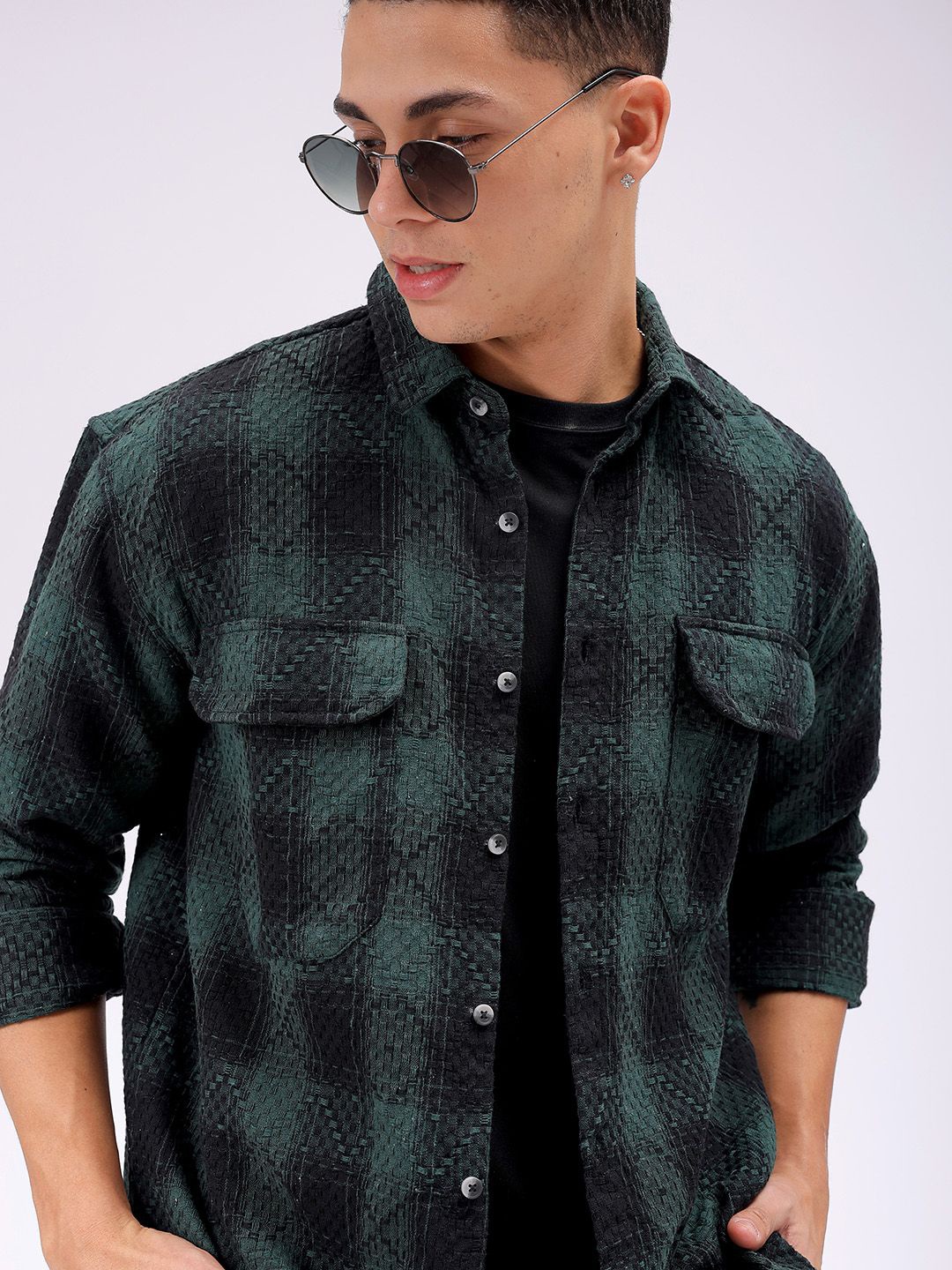 

The Indian Garage Co Men Relaxed Fit Textured Checked Resortwear Shirt, Green