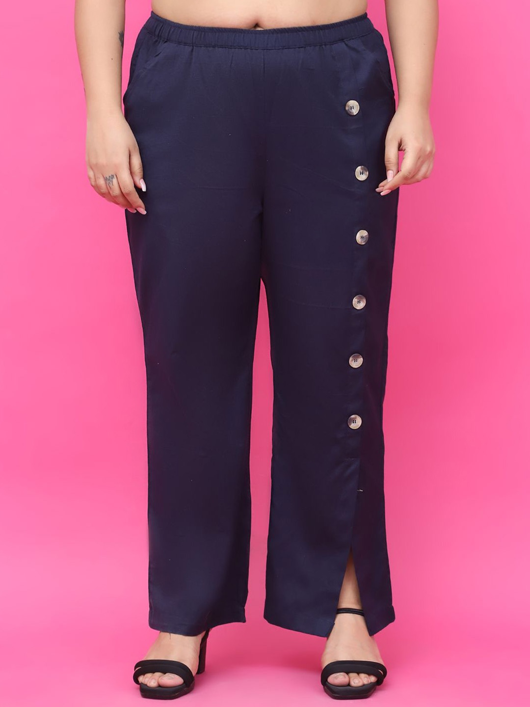 

theRebelinme Women Relaxed High-Rise Linen Easy Wash Trousers, Navy blue